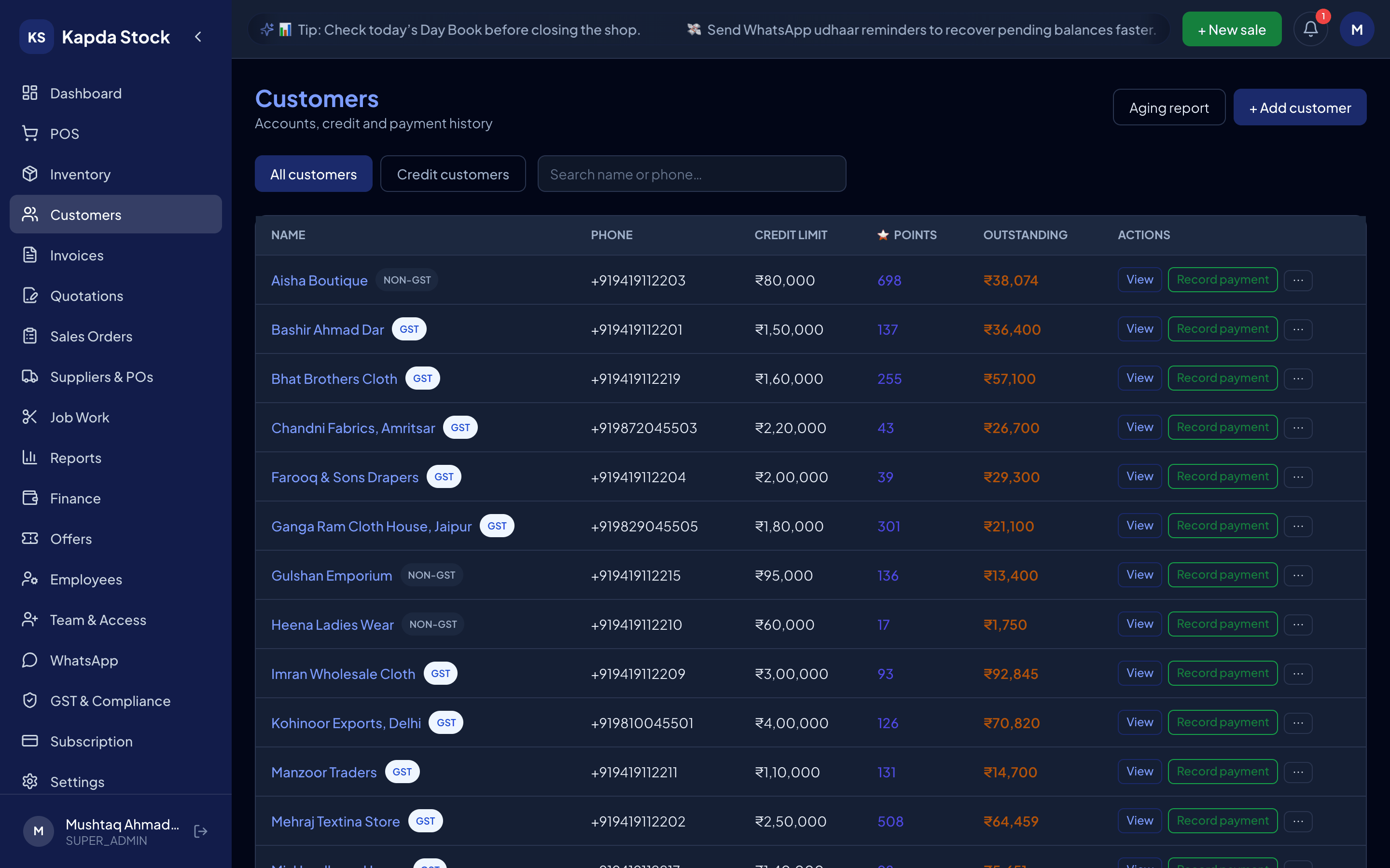 Customer list with outstanding udhaar balances, dark theme